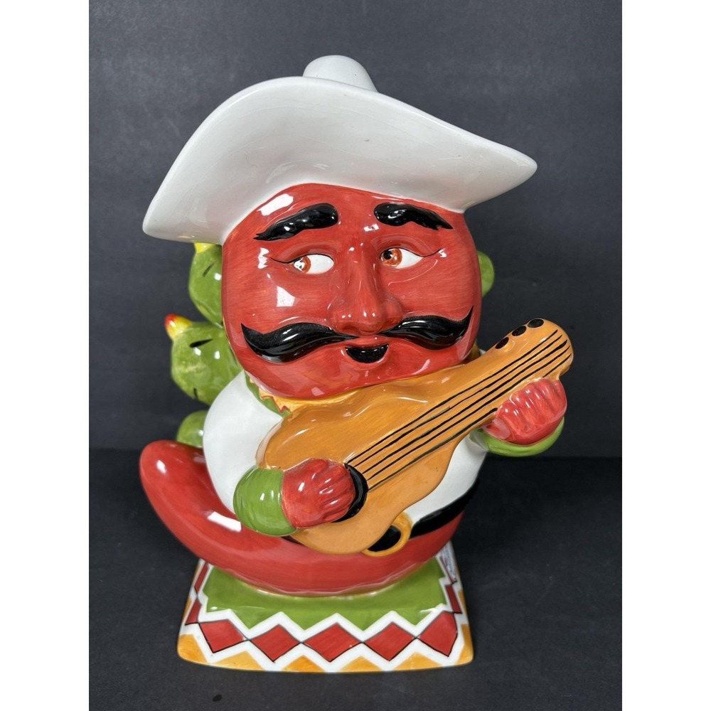 Vintage 2003 Clay Art Cha Cha Chili Pepper Cookie Jar Mariachi Guitar Cactus